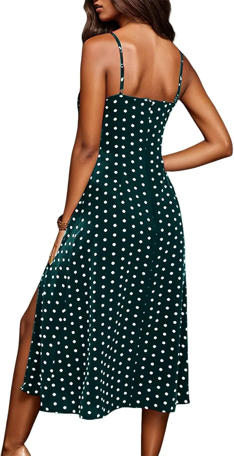 Spaghetti Strap Dresses for Women Sleeveless Polka Dot Dress Knee Length Slit Sundress Sexy Summer Dresses