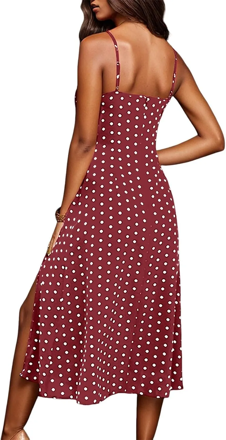 Spaghetti Strap Dresses for Women Sleeveless Polka Dot Dress Knee Length Slit Sundress Sexy Summer Dresses