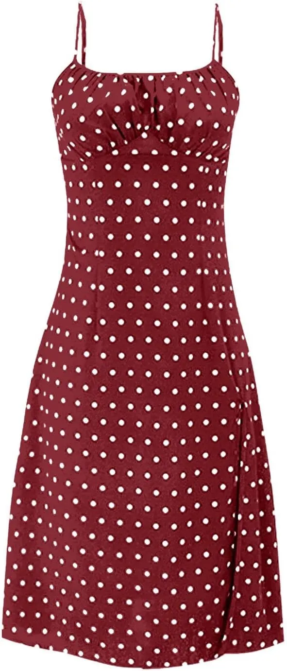 Spaghetti Strap Dresses for Women Sleeveless Polka Dot Dress Knee Length Slit Sundress Sexy Summer Dresses