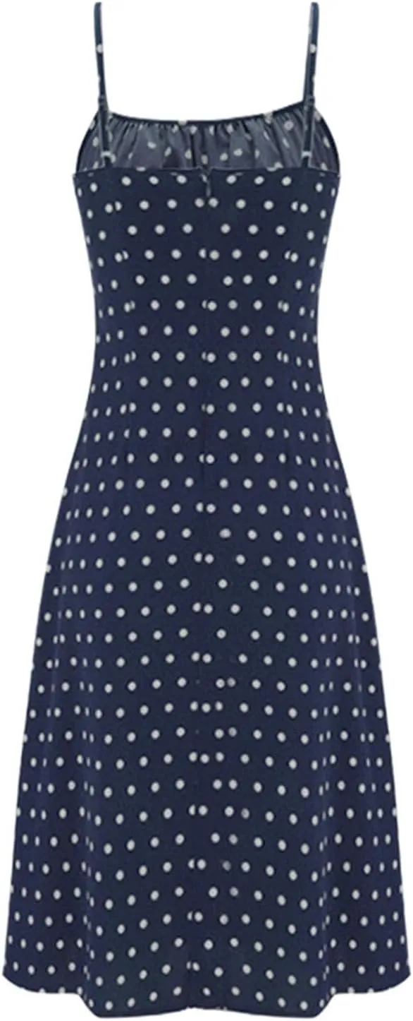 Spaghetti Strap Dresses for Women Sleeveless Polka Dot Dress Knee Length Slit Sundress Sexy Summer Dresses