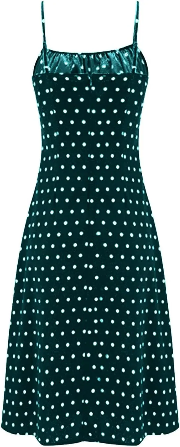 Spaghetti Strap Dresses for Women Sleeveless Polka Dot Dress Knee Length Slit Sundress Sexy Summer Dresses