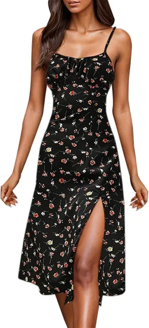 Spaghetti Strap Dresses for Women Sleeveless Polka Dot Dress Knee Length Slit Sundress Sexy Summer Dresses