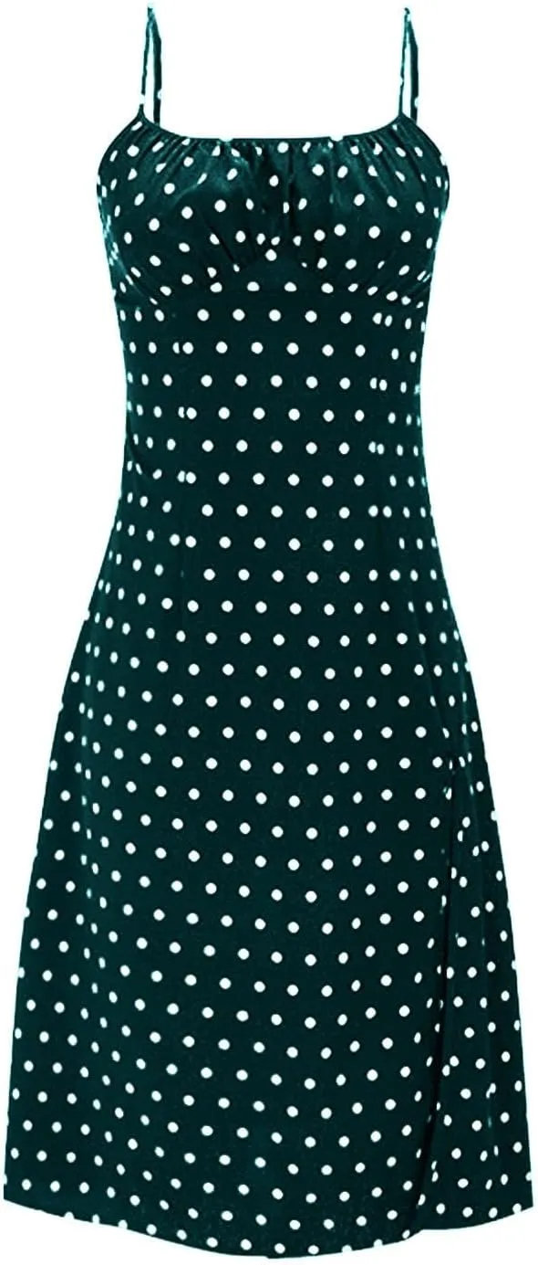 Spaghetti Strap Dresses for Women Sleeveless Polka Dot Dress Knee Length Slit Sundress Sexy Summer Dresses