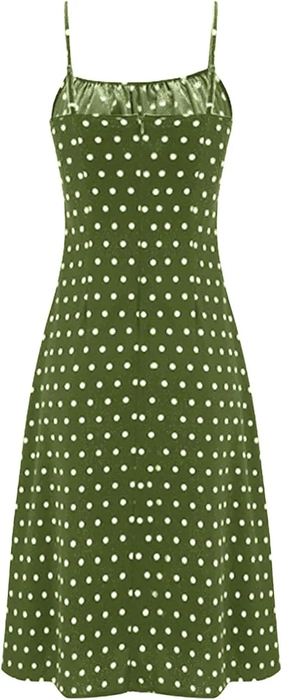 Spaghetti Strap Dresses for Women Sleeveless Polka Dot Dress Knee Length Slit Sundress Sexy Summer Dresses
