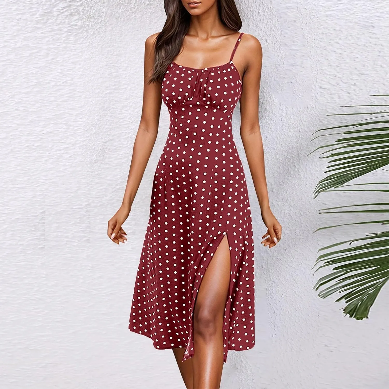 Spaghetti Strap Dresses for Women Sleeveless Polka Dot Dress Knee Length Slit Sundress Sexy Summer Dresses