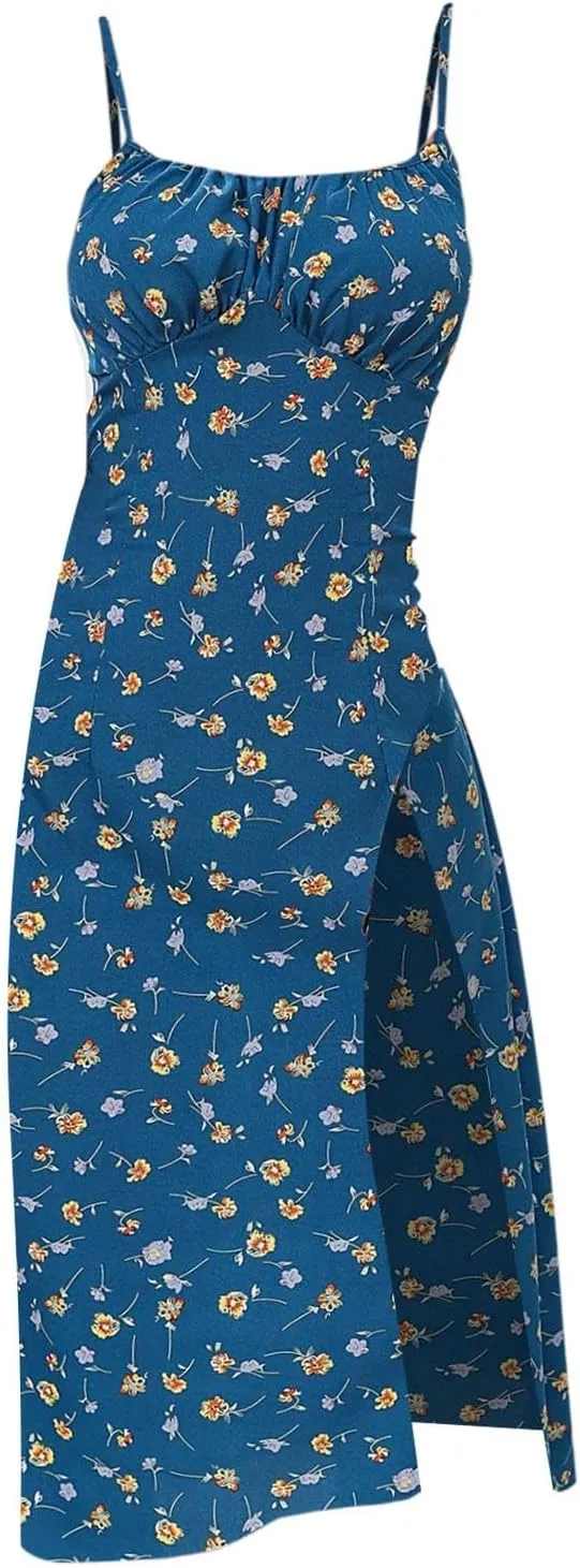 Spaghetti Strap Dresses for Women Sleeveless Polka Dot Dress Knee Length Slit Sundress Sexy Summer Dresses