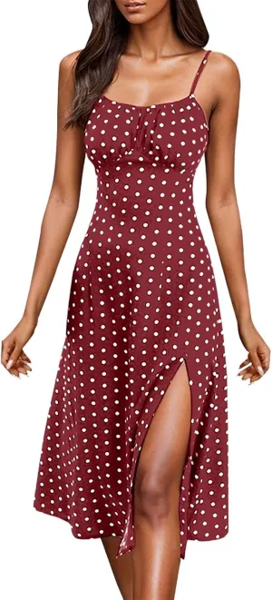 Spaghetti Strap Dresses for Women Sleeveless Polka Dot Dress Knee Length Slit Sundress Sexy Summer Dresses