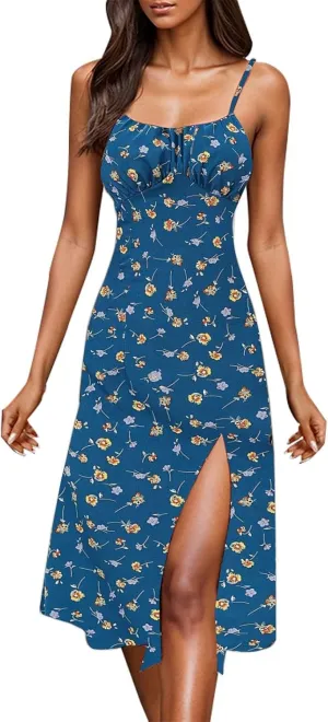 Spaghetti Strap Dresses for Women Sleeveless Polka Dot Dress Knee Length Slit Sundress Sexy Summer Dresses
