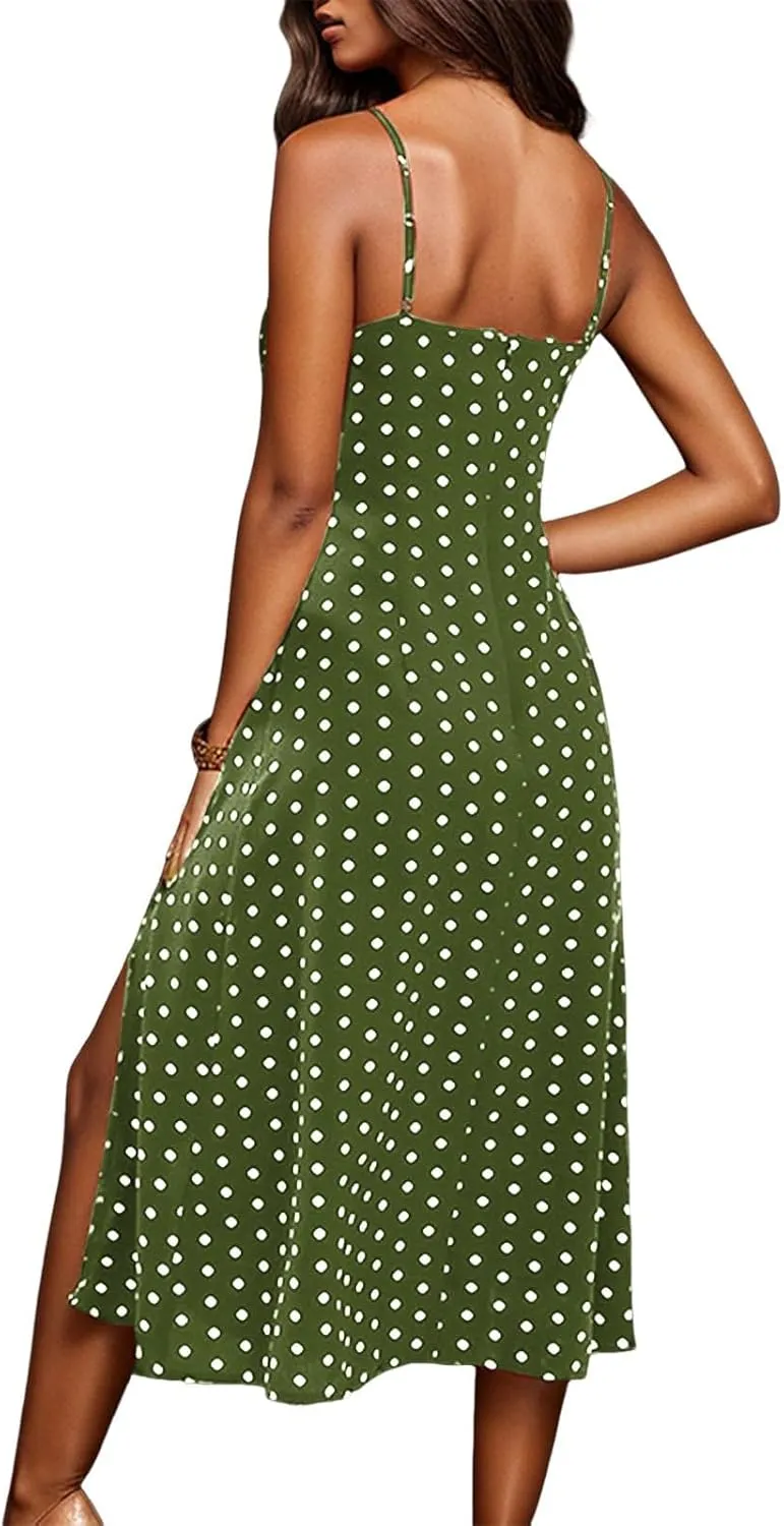 Spaghetti Strap Dresses for Women Sleeveless Polka Dot Dress Knee Length Slit Sundress Sexy Summer Dresses