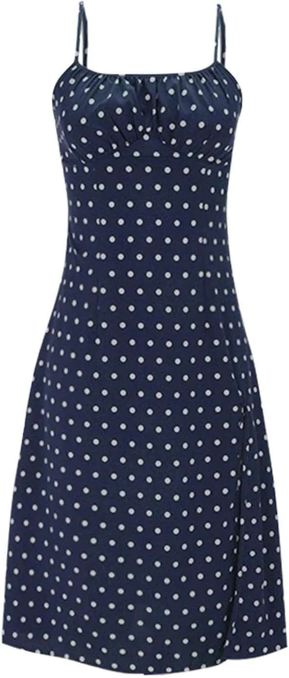 Spaghetti Strap Dresses for Women Sleeveless Polka Dot Dress Knee Length Slit Sundress Sexy Summer Dresses
