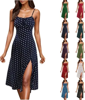 Spaghetti Strap Dresses for Women Sleeveless Polka Dot Dress Knee Length Slit Sundress Sexy Summer Dresses