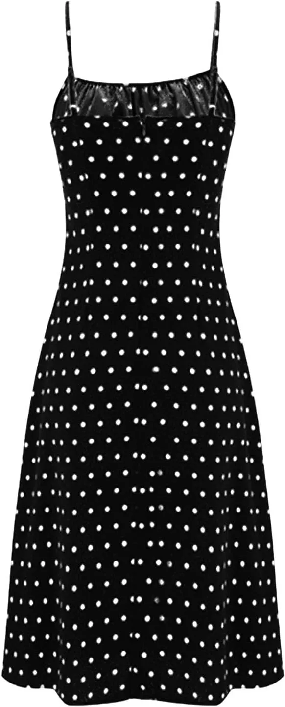 Spaghetti Strap Dresses for Women Sleeveless Polka Dot Dress Knee Length Slit Sundress Sexy Summer Dresses