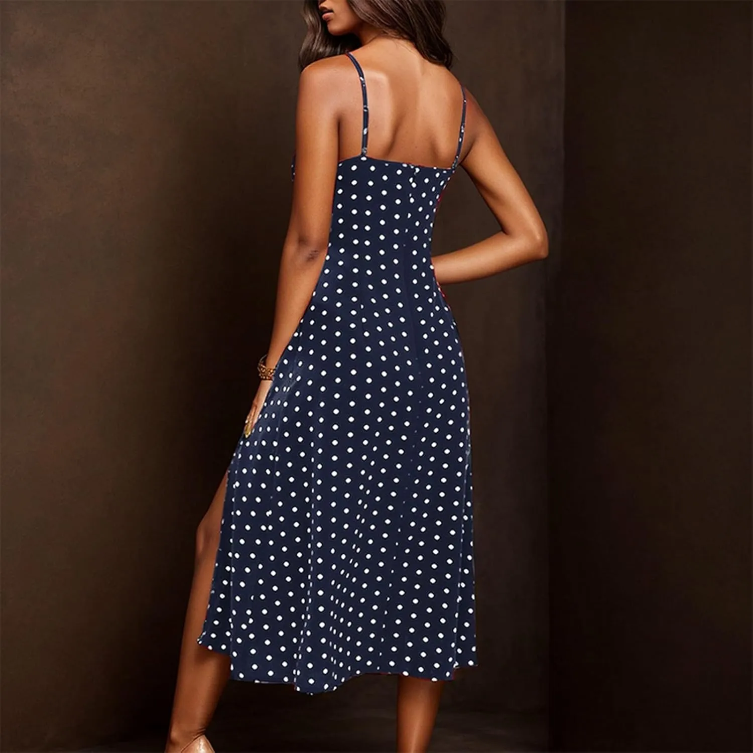 Spaghetti Strap Dresses for Women Sleeveless Polka Dot Dress Knee Length Slit Sundress Sexy Summer Dresses