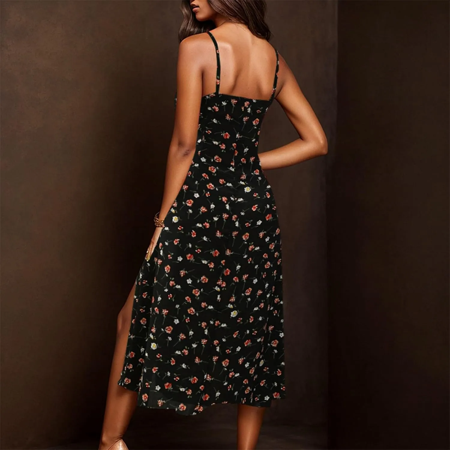 Spaghetti Strap Dresses for Women Sleeveless Polka Dot Dress Knee Length Slit Sundress Sexy Summer Dresses