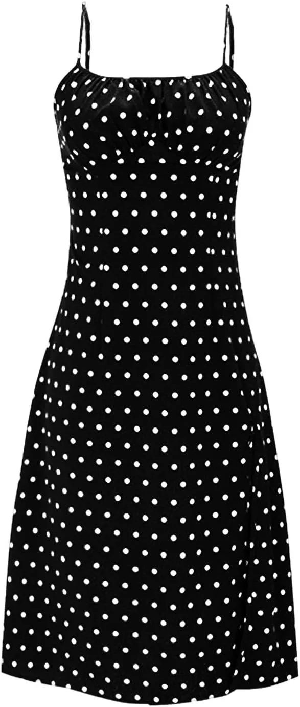 Spaghetti Strap Dresses for Women Sleeveless Polka Dot Dress Knee Length Slit Sundress Sexy Summer Dresses