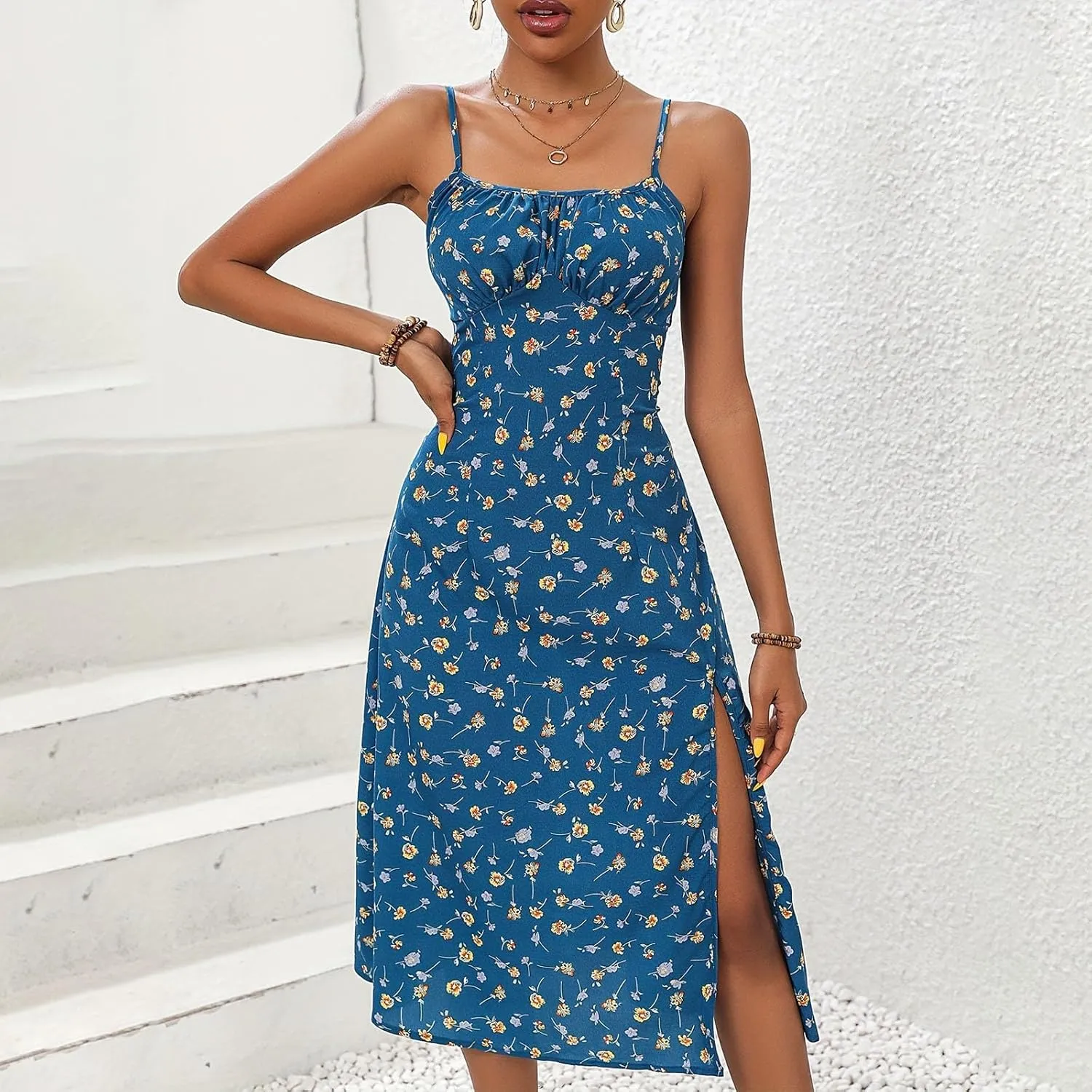 Spaghetti Strap Dresses for Women Sleeveless Polka Dot Dress Knee Length Slit Sundress Sexy Summer Dresses