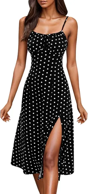 Spaghetti Strap Dresses for Women Sleeveless Polka Dot Dress Knee Length Slit Sundress Sexy Summer Dresses