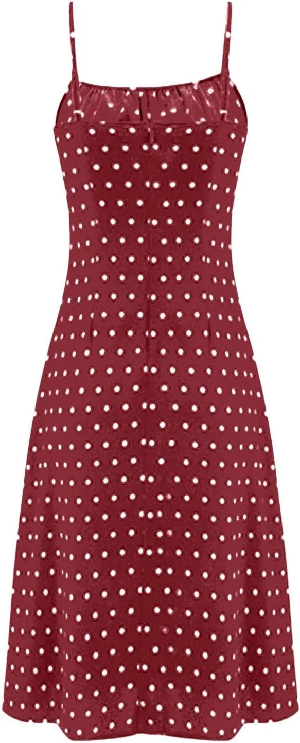 Spaghetti Strap Dresses for Women Sleeveless Polka Dot Dress Knee Length Slit Sundress Sexy Summer Dresses