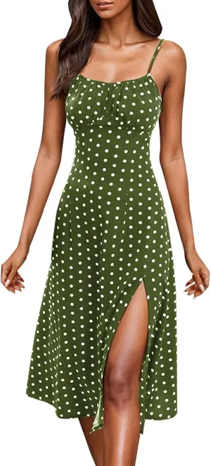 Spaghetti Strap Dresses for Women Sleeveless Polka Dot Dress Knee Length Slit Sundress Sexy Summer Dresses
