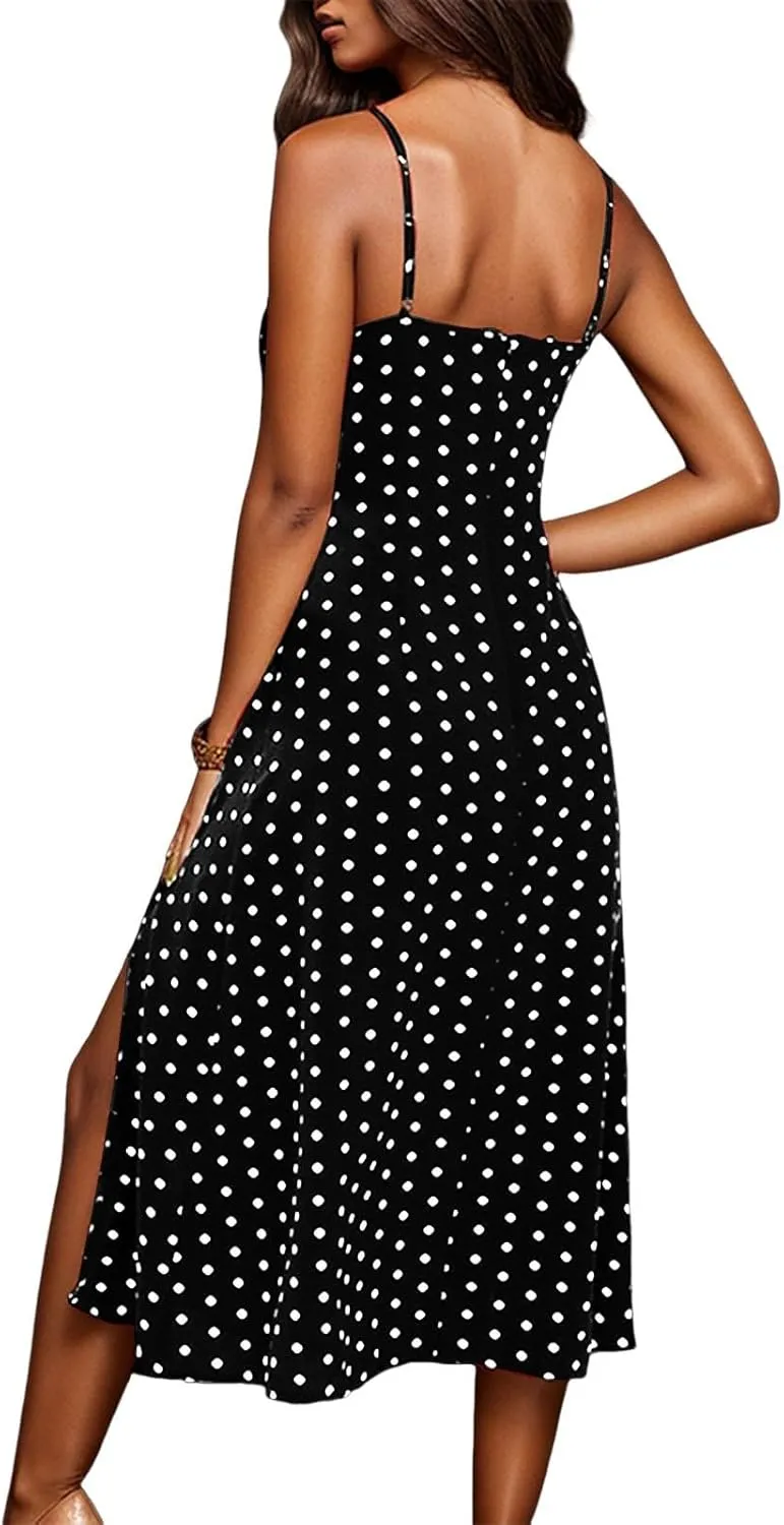 Spaghetti Strap Dresses for Women Sleeveless Polka Dot Dress Knee Length Slit Sundress Sexy Summer Dresses