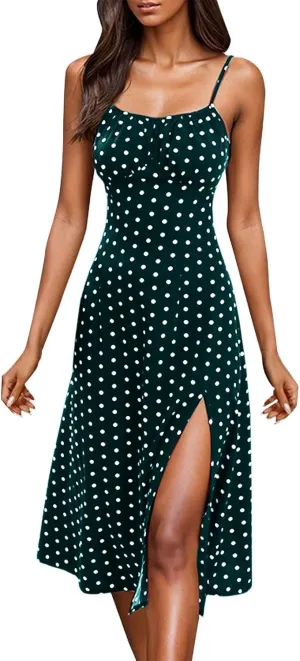 Spaghetti Strap Dresses for Women Sleeveless Polka Dot Dress Knee Length Slit Sundress Sexy Summer Dresses