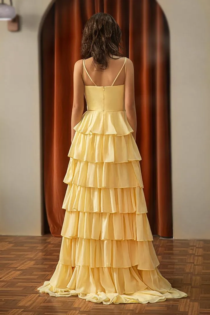 Spaghetti Straps V Neck Ball Gowns Long Split Pleated Bridesmaid Dresses A line Chiffon Formal Evening Gowns
