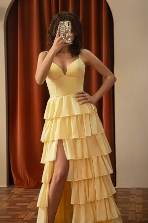 Spaghetti Straps V Neck Ball Gowns Long Split Pleated Bridesmaid Dresses A line Chiffon Formal Evening Gowns