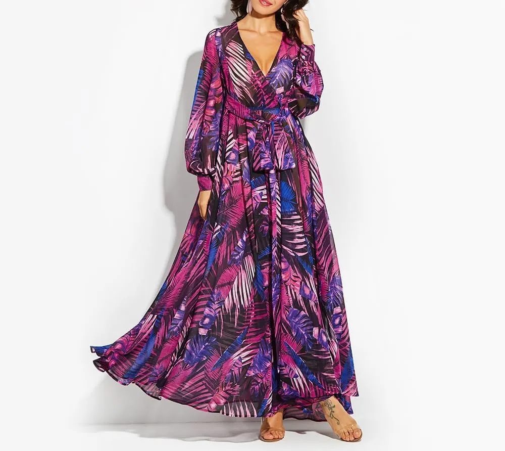 Spevert Womens V Neck Long Sleeve Fall Maxi Dresses Casual Bohemian Floral Ruffle Belt A-Line Hem Midi Dress