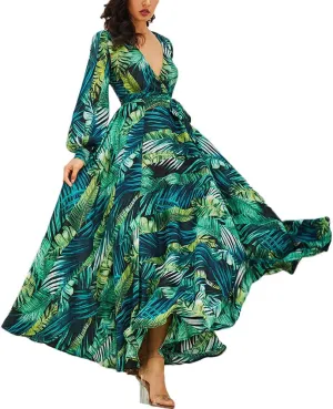 Spevert Womens V Neck Long Sleeve Fall Maxi Dresses Casual Bohemian Floral Ruffle Belt A-Line Hem Midi Dress