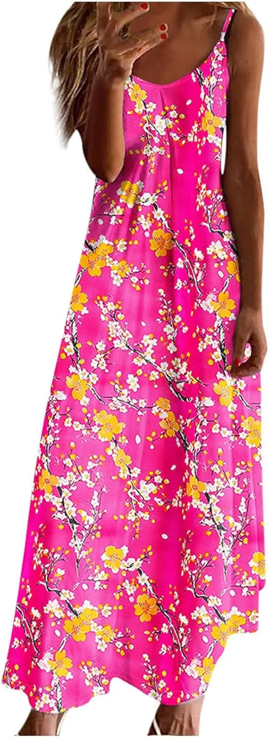 Spring Summer Beach Dress for Women 2025 Fashion Floral Printed Sleeveless Pleated Maxi Vacation Dresses