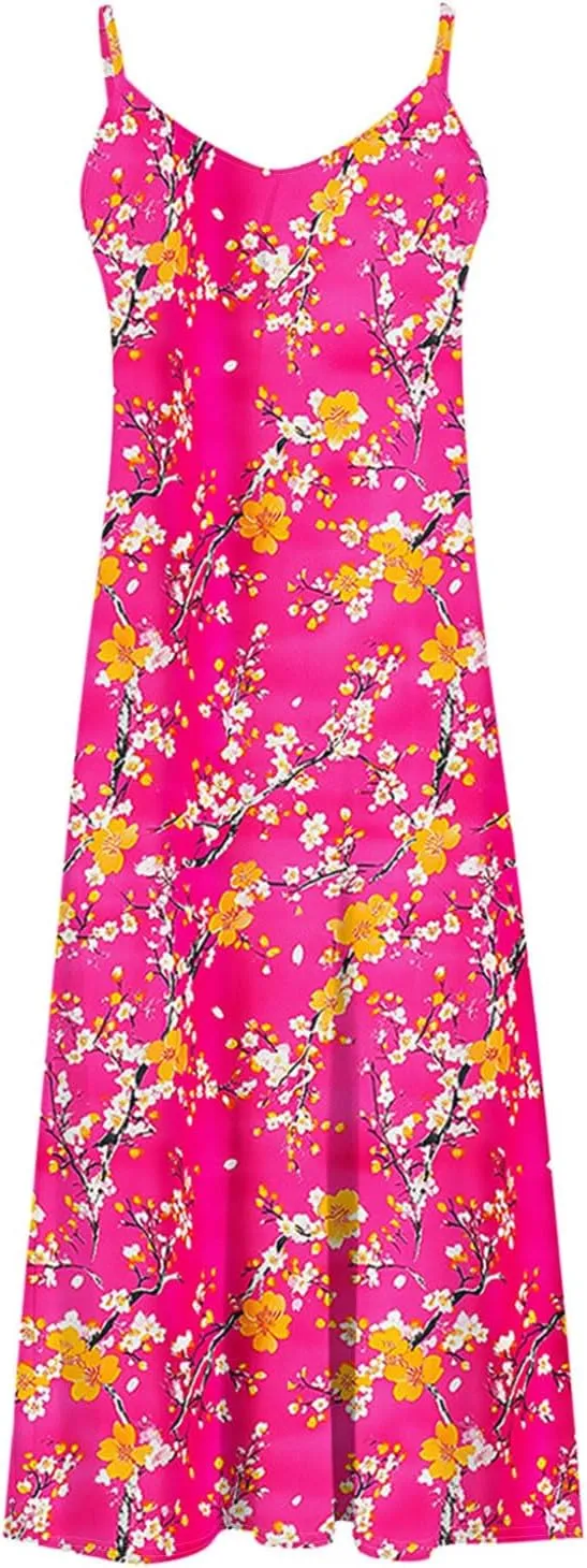 Spring Summer Beach Dress for Women 2025 Fashion Floral Printed Sleeveless Pleated Maxi Vacation Dresses