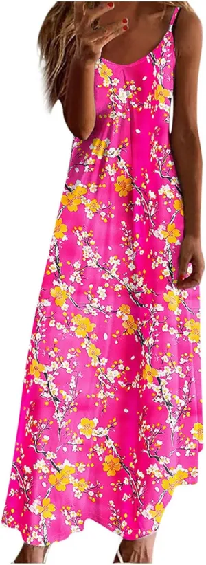 Spring Summer Beach Dress for Women 2025 Fashion Floral Printed Sleeveless Pleated Maxi Vacation Dresses