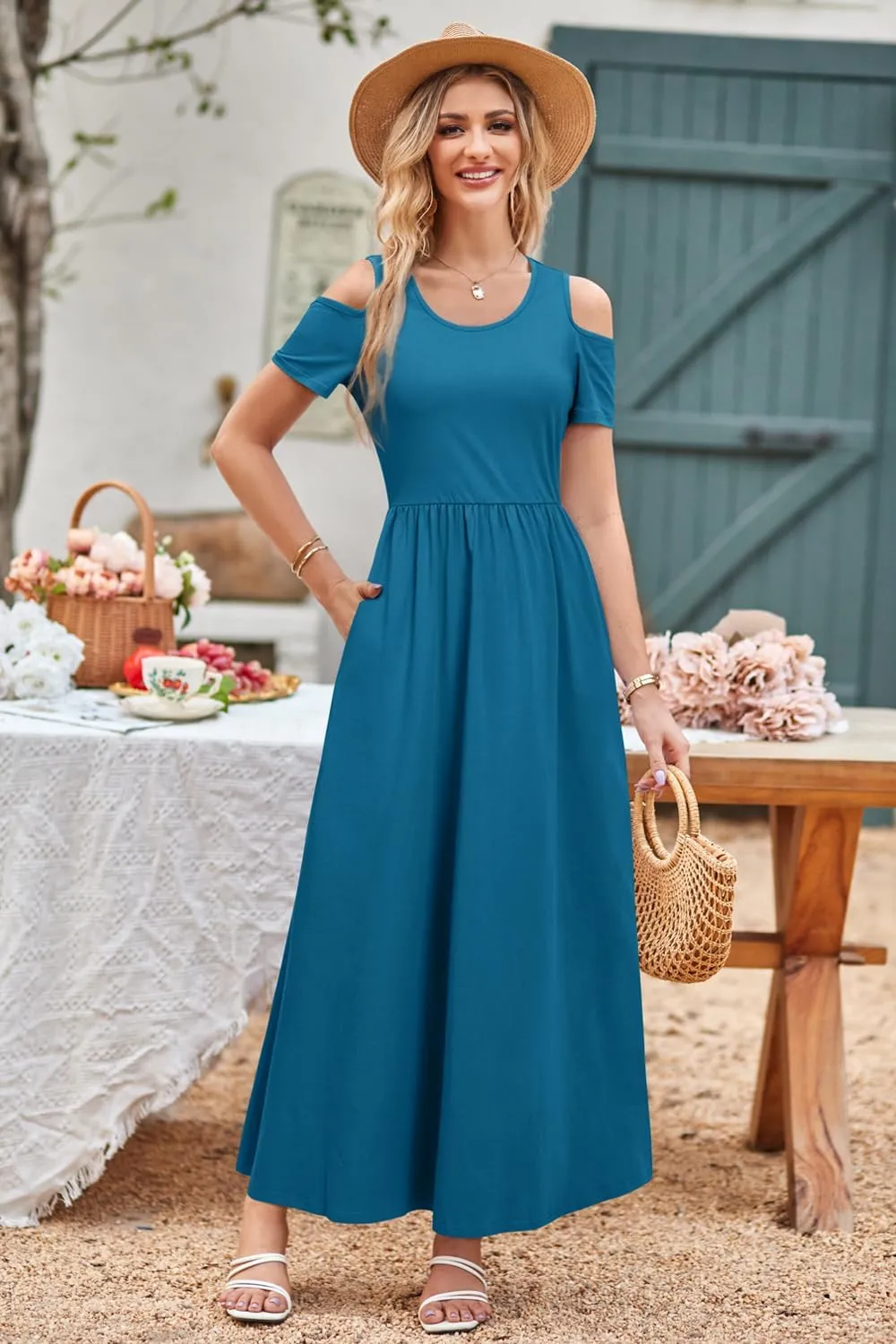 STYLEWORD Women's 2025 Summer Maxi Long Dresses Cold Shoulder Sundress with Pocket