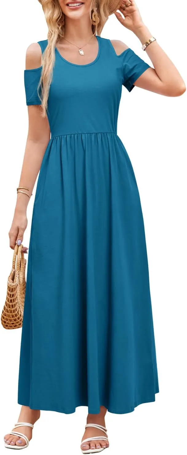 STYLEWORD Women's 2025 Summer Maxi Long Dresses Cold Shoulder Sundress with Pocket