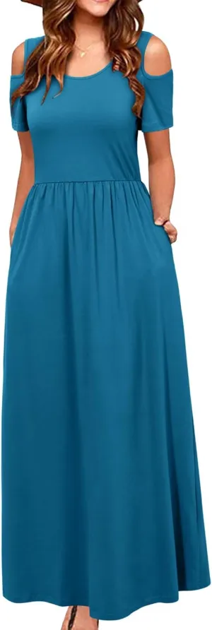 STYLEWORD Women's 2025 Summer Maxi Long Dresses Cold Shoulder Sundress with Pocket