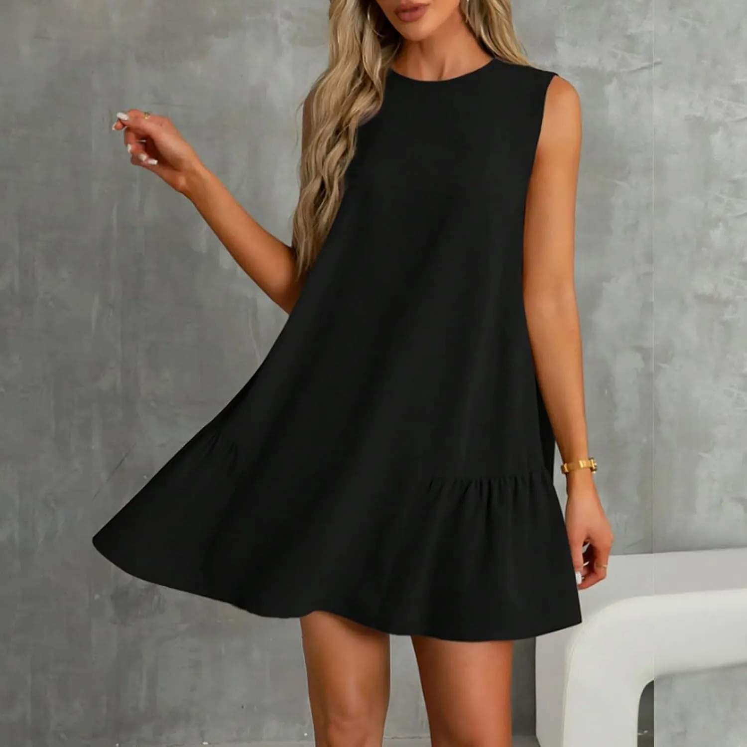 Summer Casual Sleeveless Tank Dresses for Women 2025 Crewneck Beach Vacation Sundresses A-Line Ruffle Hem Mini Dress