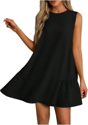 Summer Casual Sleeveless Tank Dresses for Women 2025 Crewneck Beach Vacation Sundresses A-Line Ruffle Hem Mini Dress
