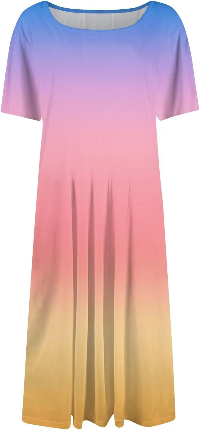 Summer Dress for Women 2025 Short Sleeve Midi Dress Elegant Flower Flowy Sundress Pleated Modest Sundresses