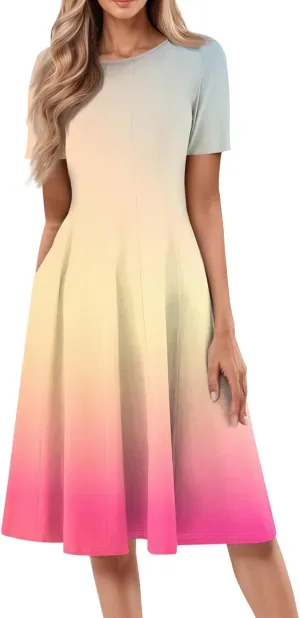 Summer Dress for Women 2025 Short Sleeve Midi Dress Elegant Flower Flowy Sundress Pleated Modest Sundresses