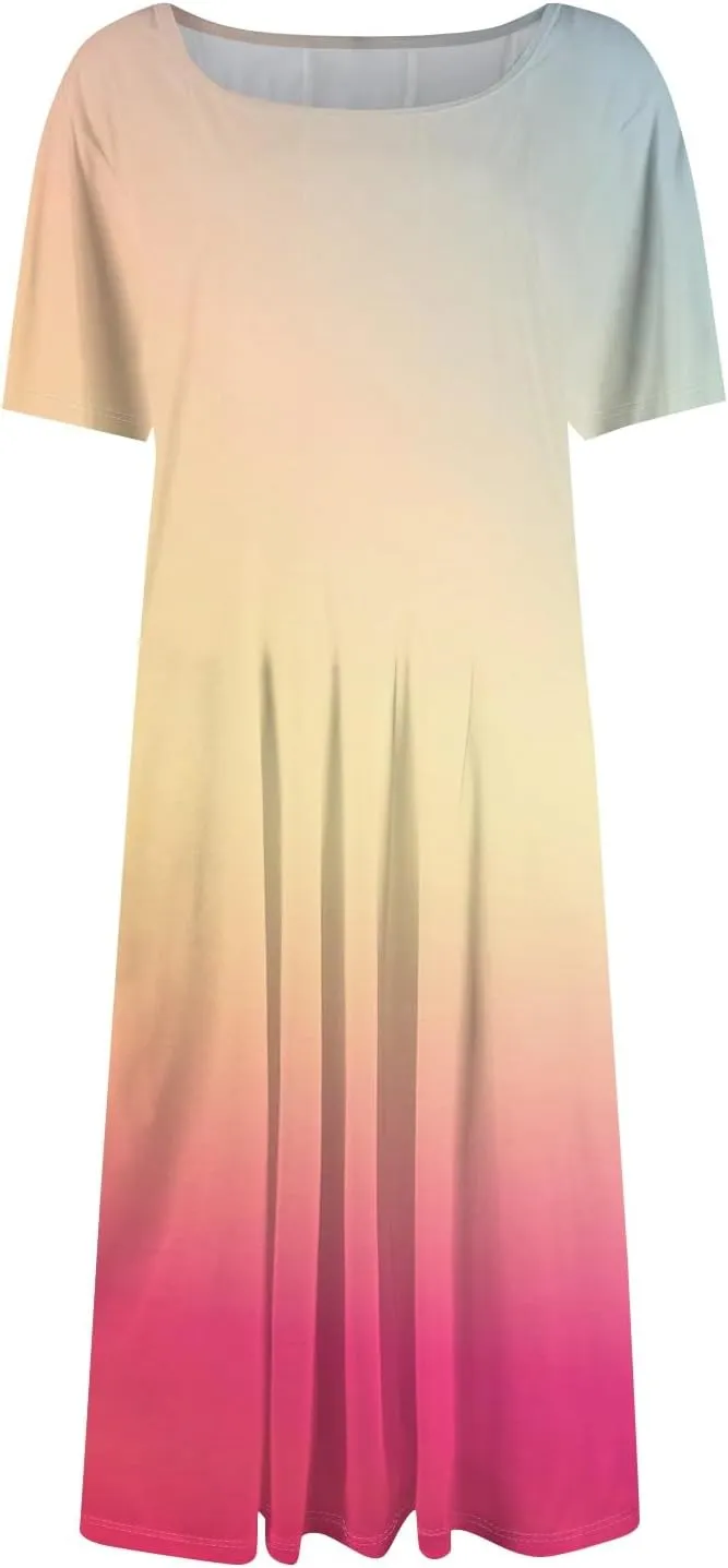 Summer Dress for Women 2025 Short Sleeve Midi Dress Elegant Flower Flowy Sundress Pleated Modest Sundresses