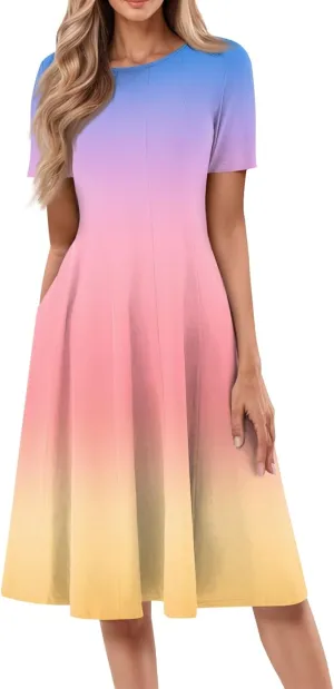 Summer Dress for Women 2025 Short Sleeve Midi Dress Elegant Flower Flowy Sundress Pleated Modest Sundresses