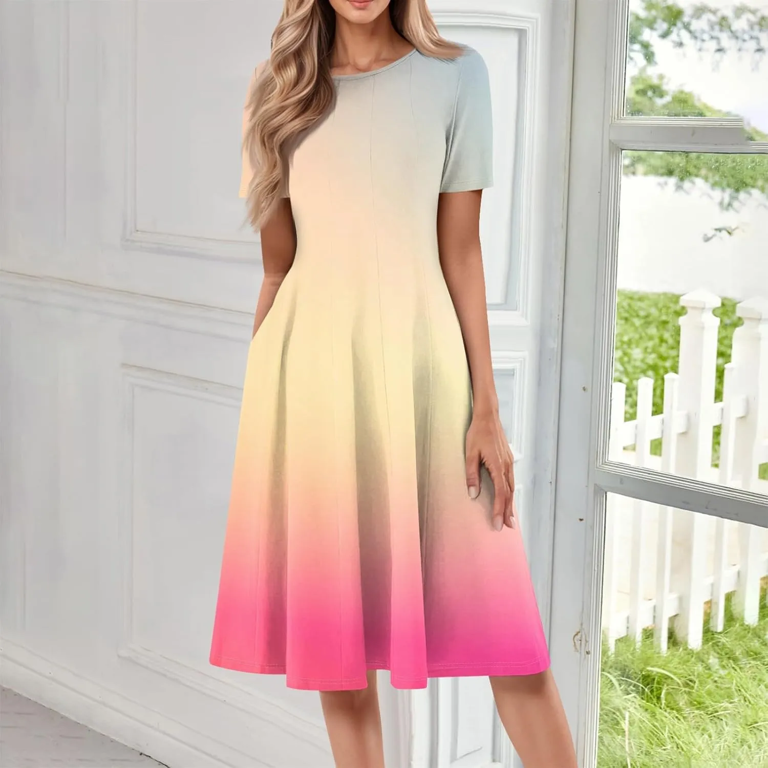 Summer Dress for Women 2025 Short Sleeve Midi Dress Elegant Flower Flowy Sundress Pleated Modest Sundresses