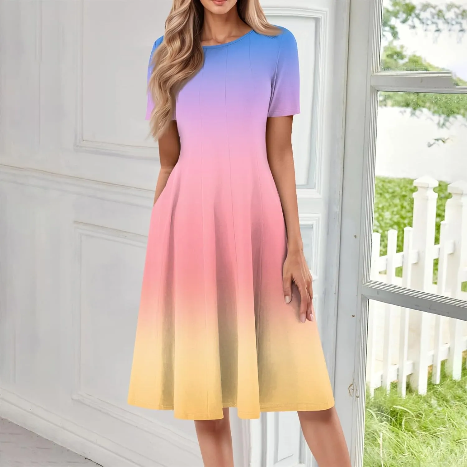 Summer Dress for Women 2025 Short Sleeve Midi Dress Elegant Flower Flowy Sundress Pleated Modest Sundresses