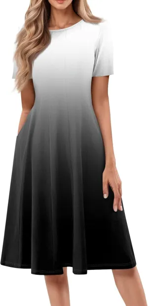 Summer Dress for Women 2025 Short Sleeve Midi Dress Elegant Flower Flowy Sundress Pleated Modest Sundresses
