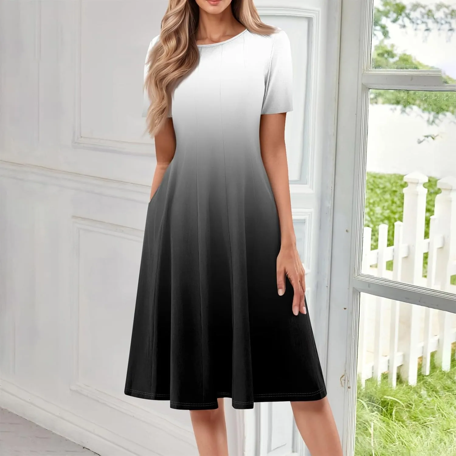 Summer Dress for Women 2025 Short Sleeve Midi Dress Elegant Flower Flowy Sundress Pleated Modest Sundresses