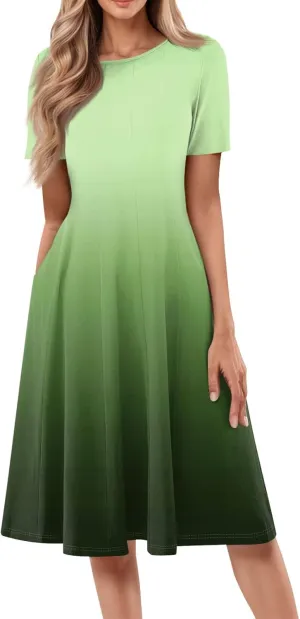 Summer Dress for Women 2025 Short Sleeve Midi Dress Elegant Flower Flowy Sundress Pleated Modest Sundresses