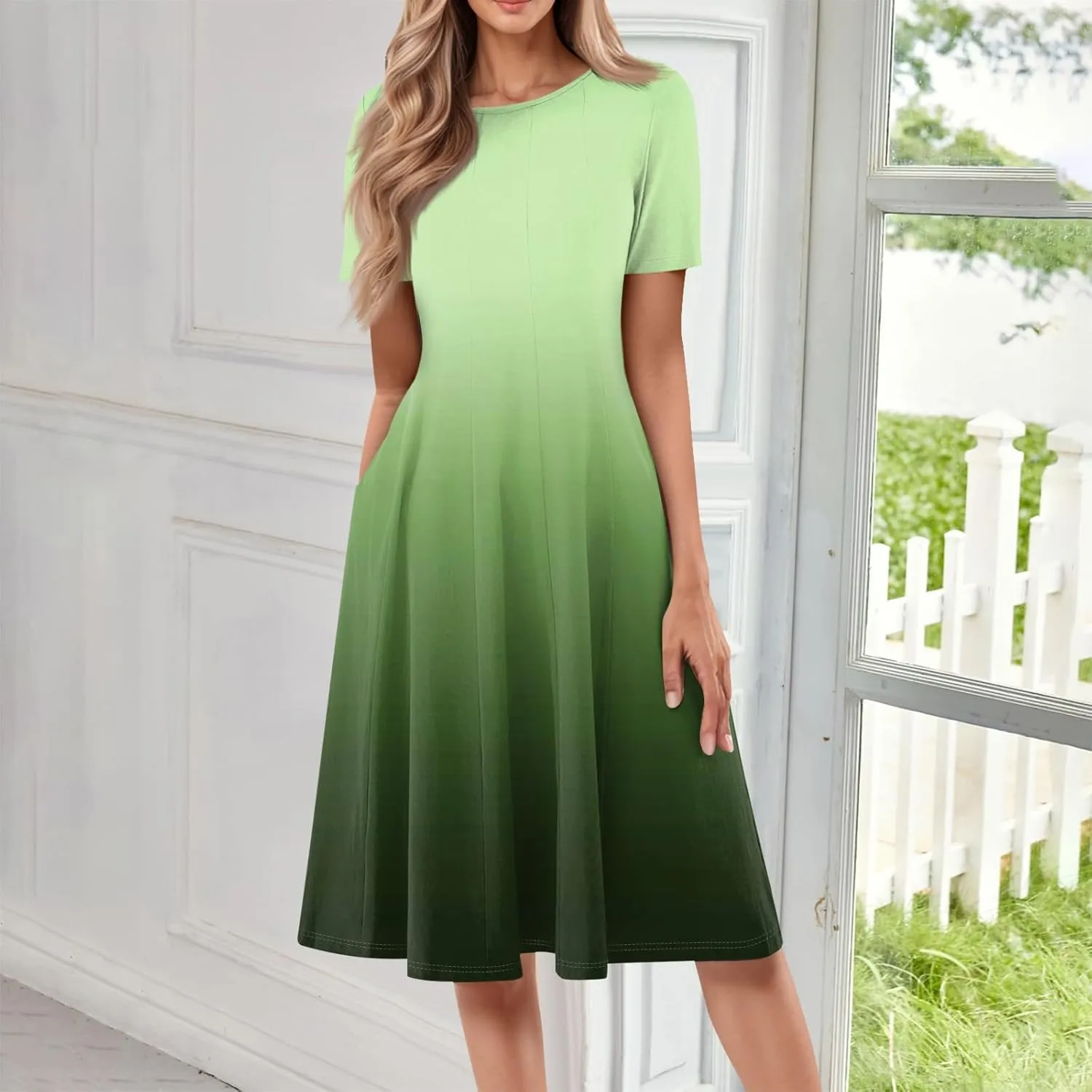Summer Dress for Women 2025 Short Sleeve Midi Dress Elegant Flower Flowy Sundress Pleated Modest Sundresses