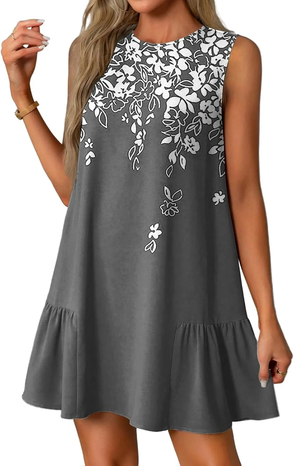 Summer Dresses 2025 Casual Crew Neck Vintage Floral Sleeveless Ruffle Hem A Line Beach Mini Tank Sundresses with Pockets