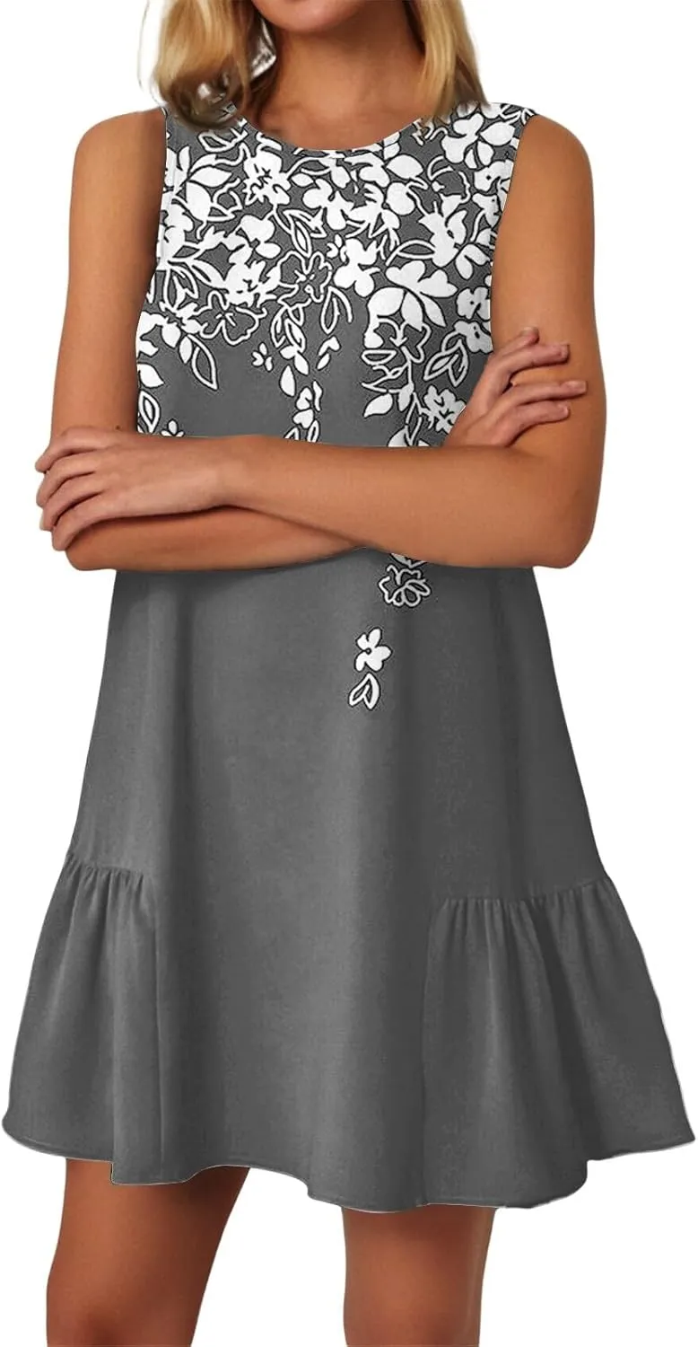 Summer Dresses 2025 Casual Crew Neck Vintage Floral Sleeveless Ruffle Hem A Line Beach Mini Tank Sundresses with Pockets