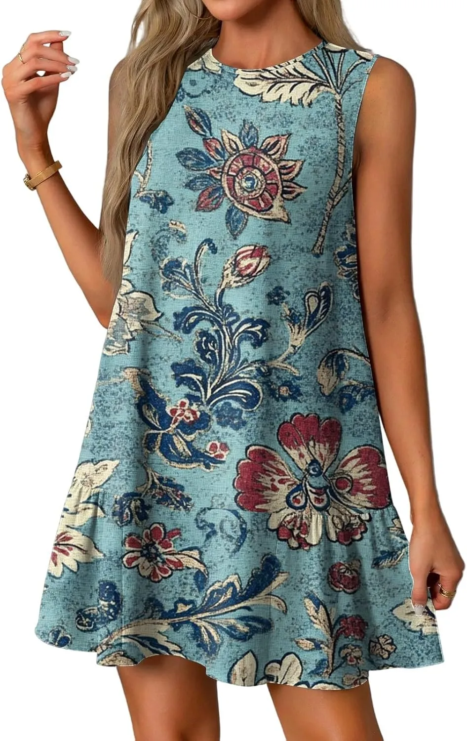 Summer Dresses for Women 2025 Casual Floral Print A-Line Sleeveless Ruffle Hem Round Neck with Pockets Beach Tank Dresses